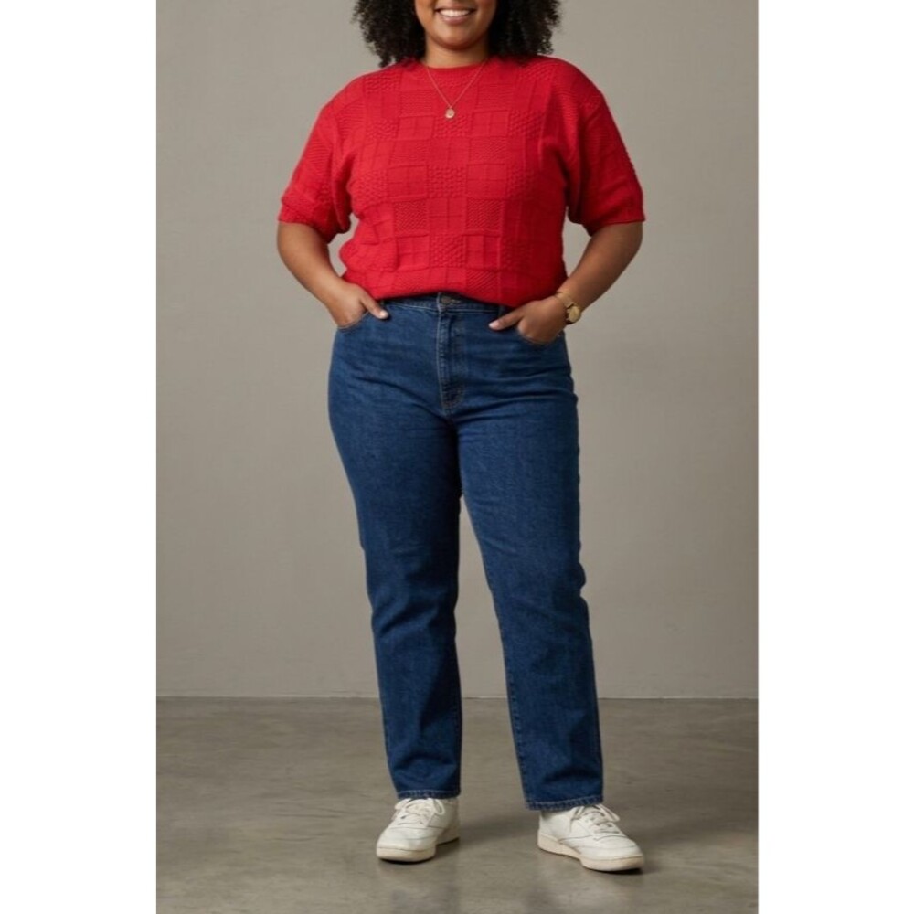 Vintage Sweater Womens Plus 22W Red Knit Patchwork Pullover Cotton Casual USA